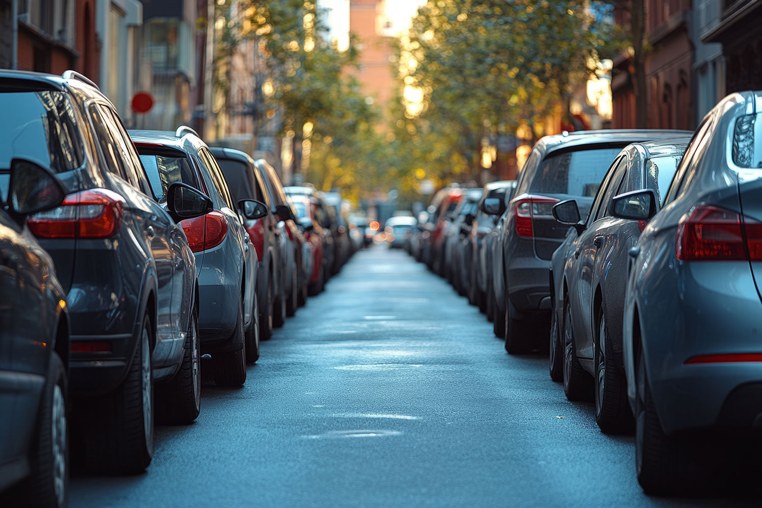 A narrow Philadelphia street lined on both sides with parked cars.